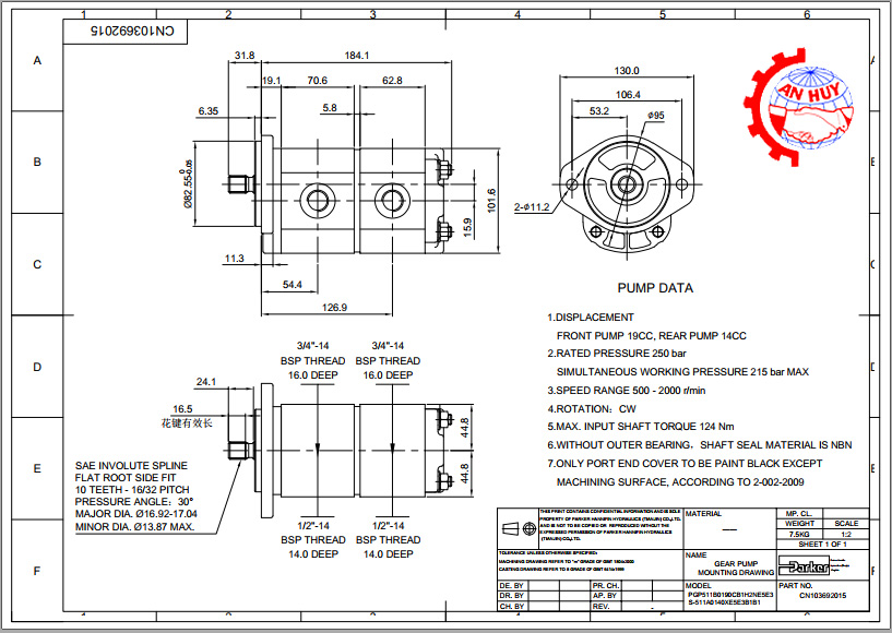 Bản vẽ kích thước lắp đặt bơm bánh răng 2 tầng CN103692015