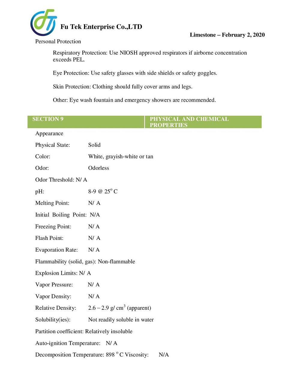 MSDS ĐÁ VÔI 3