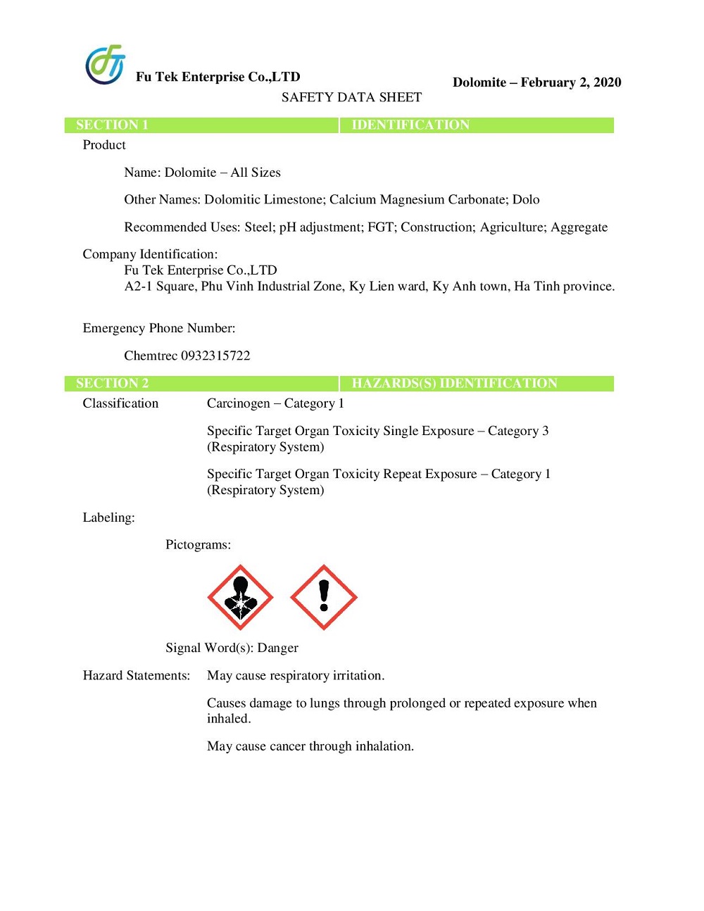 MSDS ĐÁ DOLOMITE