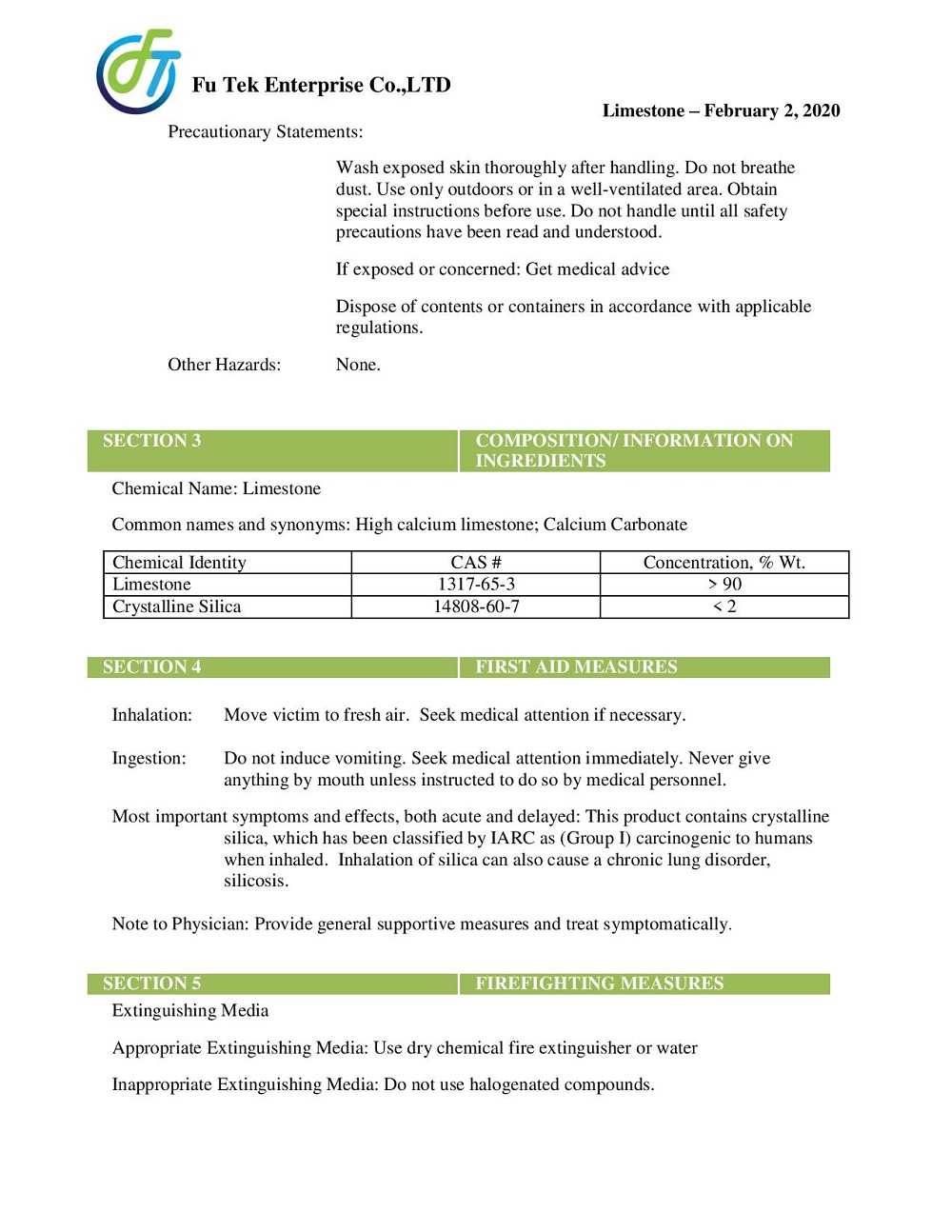 MSDS ĐÁ VÔI 1