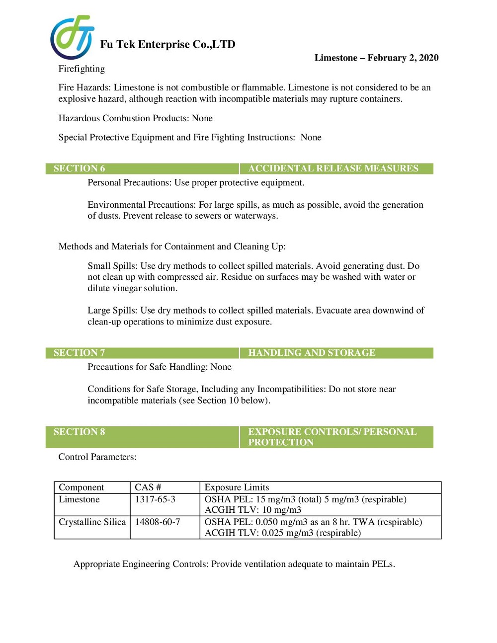MSDS ĐÁ VÔI 2