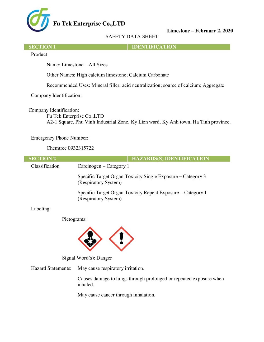 MSDS ĐÁ VÔI